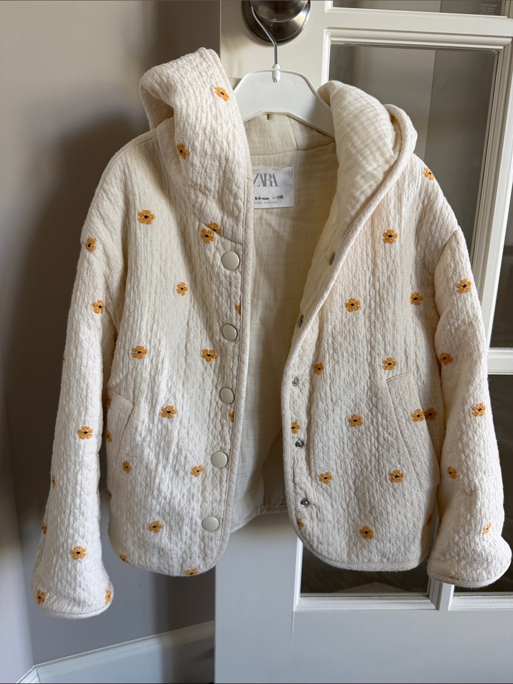 Zara Cream Quilted Hooded Jacket with Yellow Floral Dots